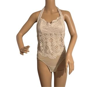 Free People Intimately Hour Bodysuit Size S Golden Beige Lace Halter